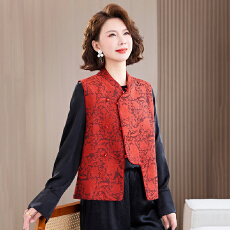 批发新中式红色年货马甲背心女春秋新款国风斜襟立领气质提花坎肩上衣