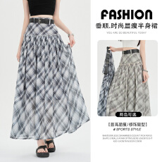 批发实拍 设计感格子半身裙中长款高腰垂感大裙摆a字裙