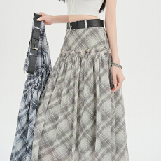 批发实拍 设计感格子半身裙中长款高腰垂感大裙摆a字裙