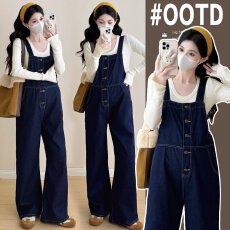 批发实拍2026现孕妇牛仔背带裤+针织上衣孕妇背带裤套装