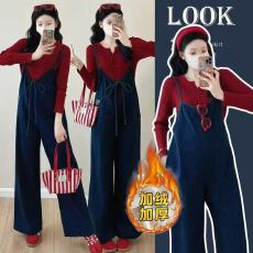 批发现 实拍 加绒加厚孕妇牛仔背带裤+针织开衫上衣孕妇背带裤套装