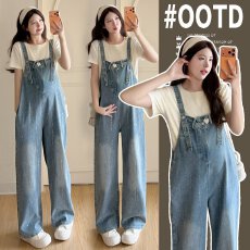 批发实拍2026新款高品质烫钻孕妇牛仔背带裤+短袖打底衫套装