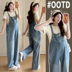 批发实拍2026新款高品质烫钻孕妇牛仔背带裤+短袖打底衫套装