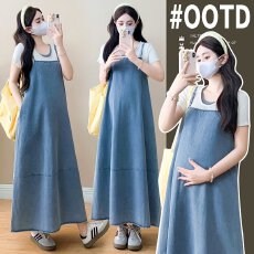 实拍现 新款孕妇装夏季薄款软牛仔吊带连衣裙+针织短袖上衣两件套