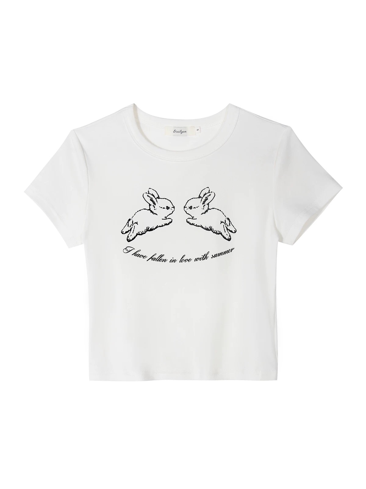 Korean niche design feels age-reducing cute rabbit prints with front shoulders and slim short-sleeved T-shirt for women