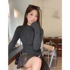 批发【人棉260克92人棉8安纶】<b class='q'>欧美</b>风半高领假两件长袖<b class='q'>T</b><b class='q'>恤</b>女春款上衣