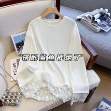 批发独特漂亮<b class='q'>蕾丝</b>拼接白色长袖t恤女秋冬宽松中长款德绒<b class='q'>打底衫</b>上衣潮