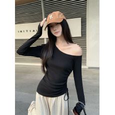 批发40支纯棉210克（92棉/8氨纶） 抽绳斜肩<b class='q'>长袖</b><b class='q'>T</b><b class='q'>恤</b>女