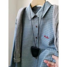 批发原版面料 大码240斤蓝灰色格子<b class='q'>衬衫女</b>刺绣字母宽松叠穿衬衣