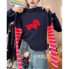 官图羊毛绒2026新款毛巾绣卡通长袖T恤女条纹拼接百搭显瘦