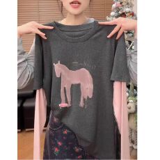 批发官图【羊毛绒布小马印花撞色假两件长袖t恤女2026新款打底上衣