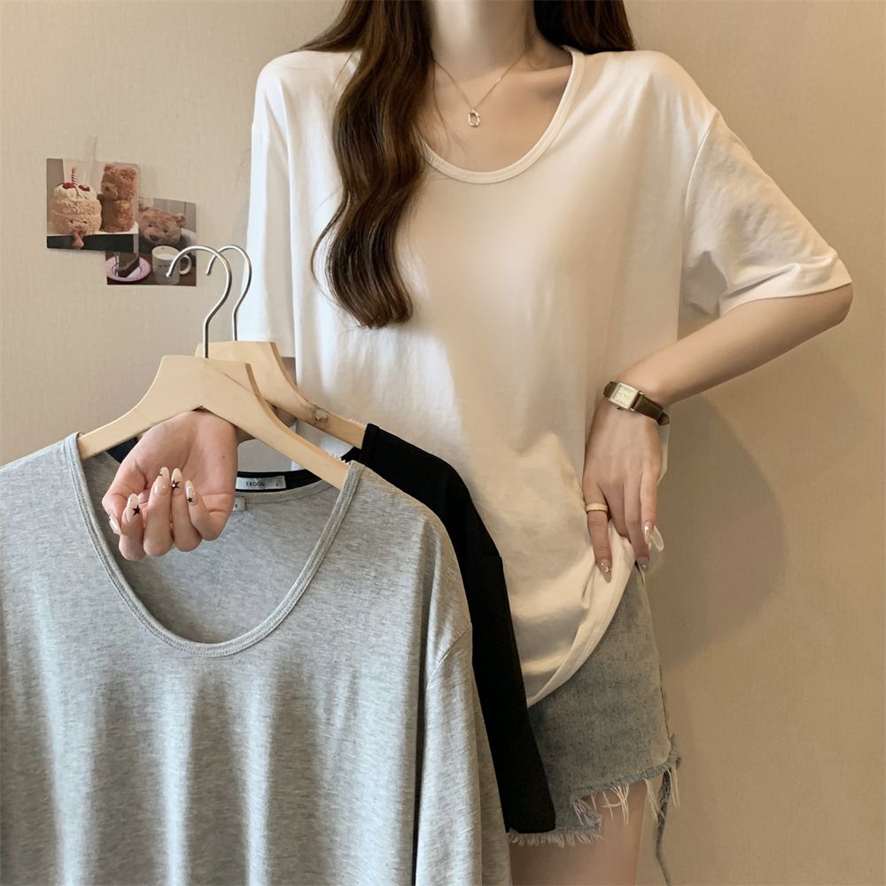 RY70158# 纯棉U领宽松短袖T恤女薄款