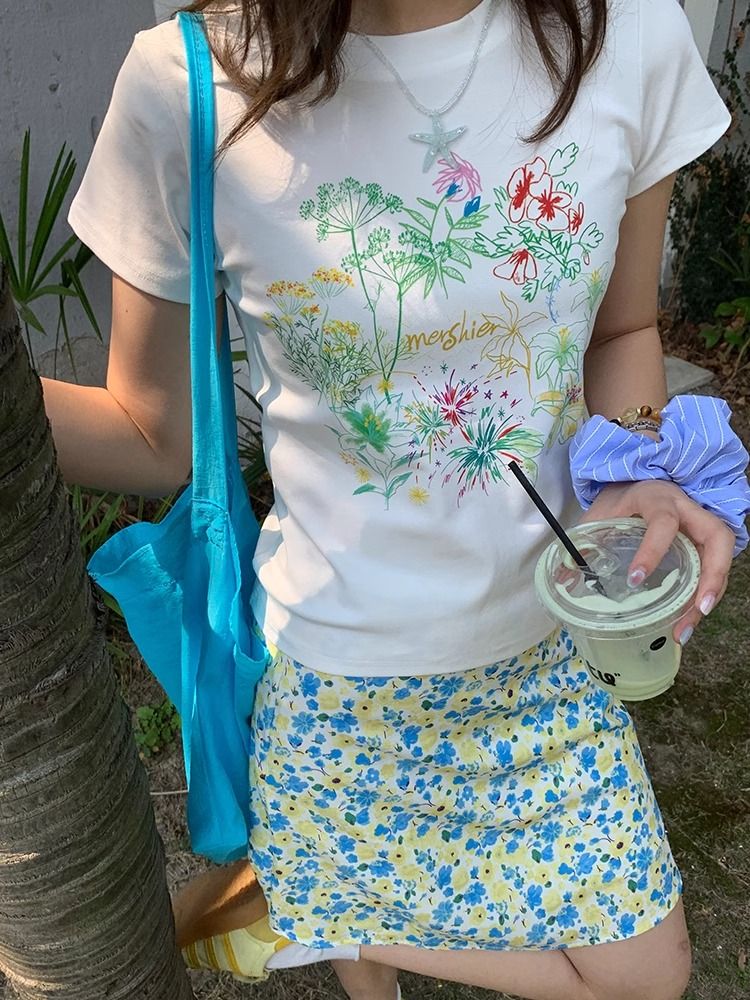 RY70157# 纯棉韩系手绘花朵短袖T恤