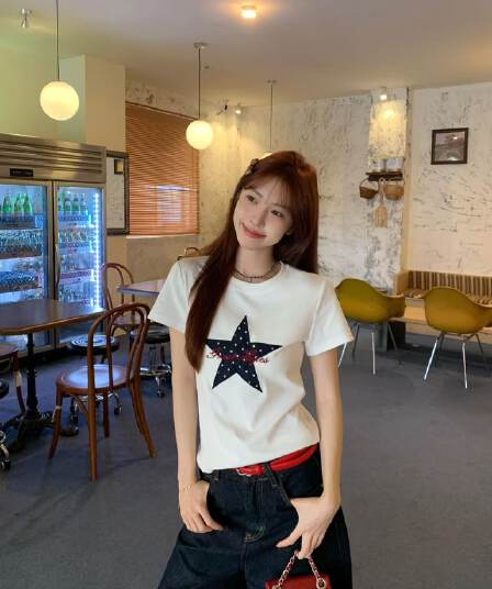 순면 220 그램 40 음식 털 느낌 있음 신축성 프린트 몸매 가꾸기 허리 수축 반팔 티셔츠 여성