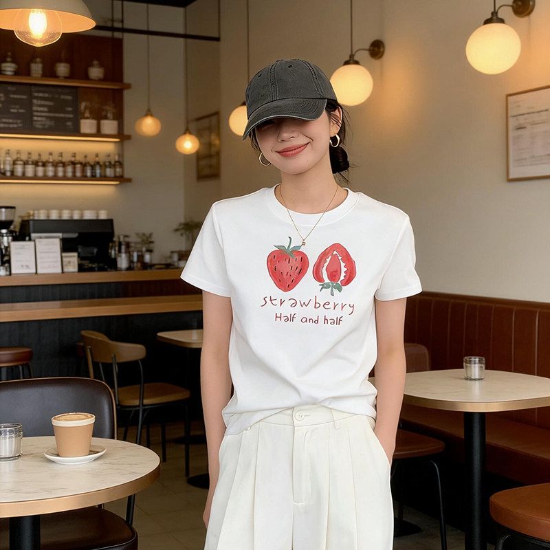 RY70154# 纯棉食毛+手感有弹力印花修身收腰短袖t恤女