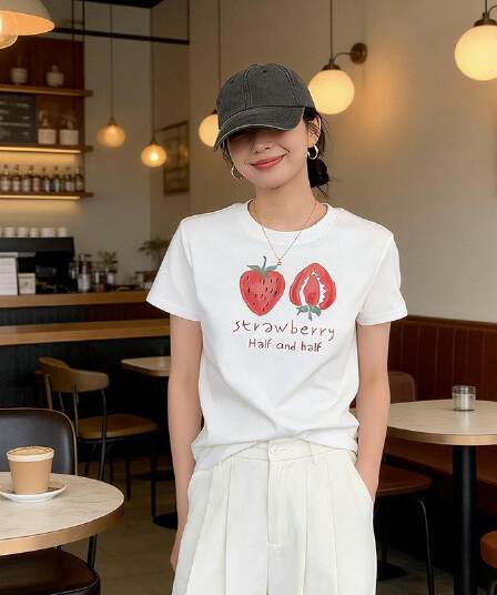 순면 220 그램 40 음식 털 느낌 있음 신축성 프린트 몸매 가꾸기 허리 수축 반팔 티셔츠 여성