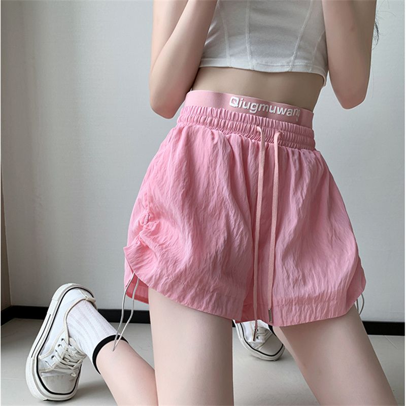 RY70152# #锦棉皱运动短裤女夏季高腰显瘦宽松阔腿直筒抽绳休闲裤子