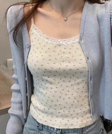 40 순면 210 그램 달콤한 핫걸 꽃무늬 작은 슬링 조끼 레이스