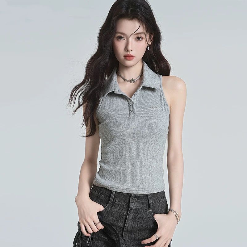 원본 품질 POLO 칼라 민소매 조끼 여성 여름 디자인 센스 몸매 가꾸기 핫걸 쇼트 스타일 다용도 맨위