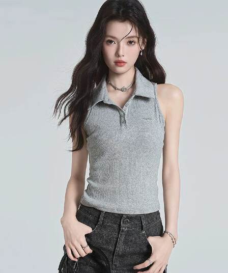 원본 품질 POLO 칼라 민소매 조끼 여성 여름 디자인 센스 몸매 가꾸기 핫걸 쇼트 스타일 다용도 맨위