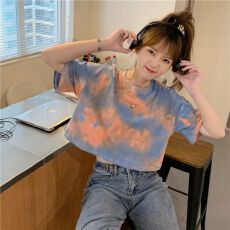 实拍美式复古扎染短袖t恤女夏季薄款小众高腰短款露脐上衣