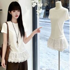 批发法式白圆领拼接蕾丝花边短袖t恤夏季收腰褶皱正肩修身