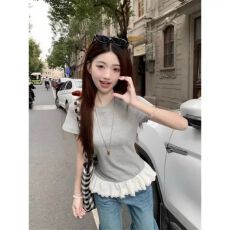 批发人棉 260克 拼接短袖T恤女夏季<b class='q'>修身</b>