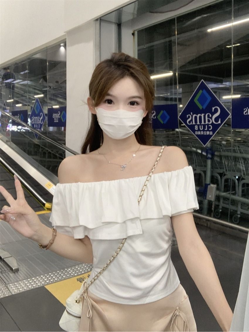 원본 것 여름 순수한 욕망 오프숄더 반팔 티셔츠 프릴 주름 Chic 몸매 가꾸기 쇼트 스타일 맨위