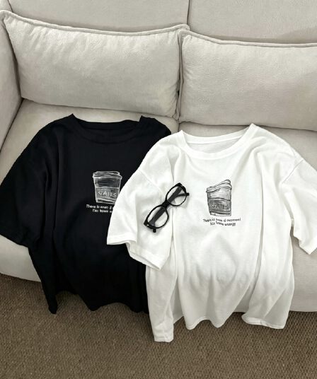 있음 선적 한국 스타일 루즈핏 슬림해 보이는 다용도 캐주얼 ins 바람 프린트 순면 라운드 넥 대 에디션 반팔 티셔츠