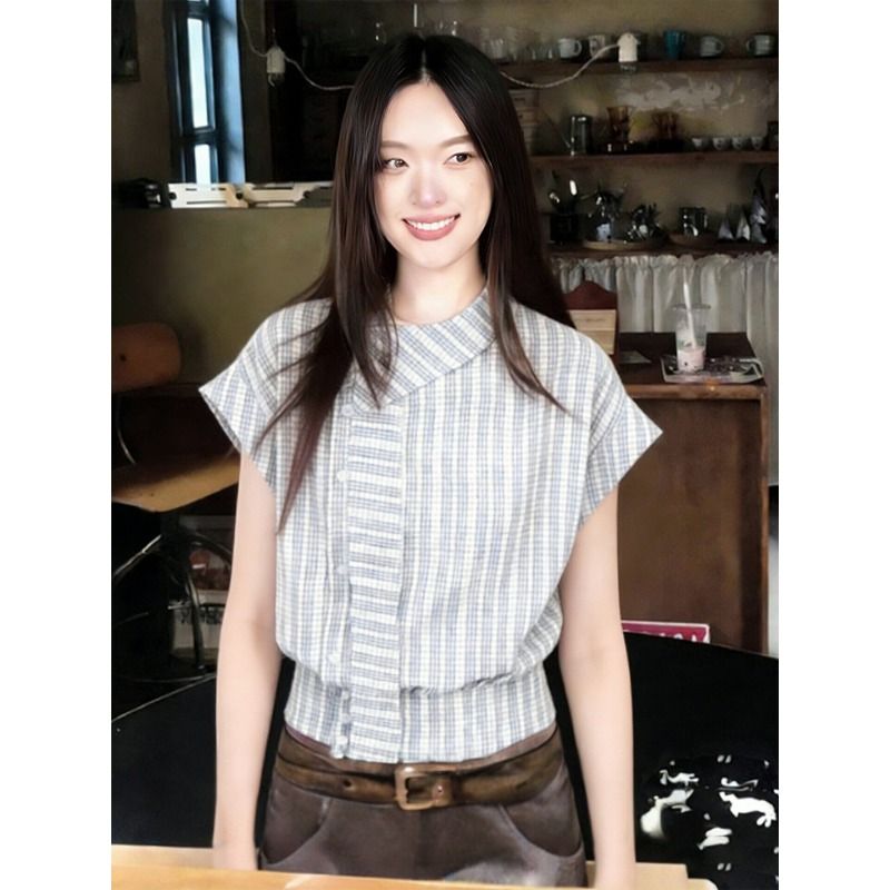 자이언트 잘 생긴 ~ 중 체크무늬 여성 셔츠 여름 리본 셔츠 작은 날다 소매 맨위