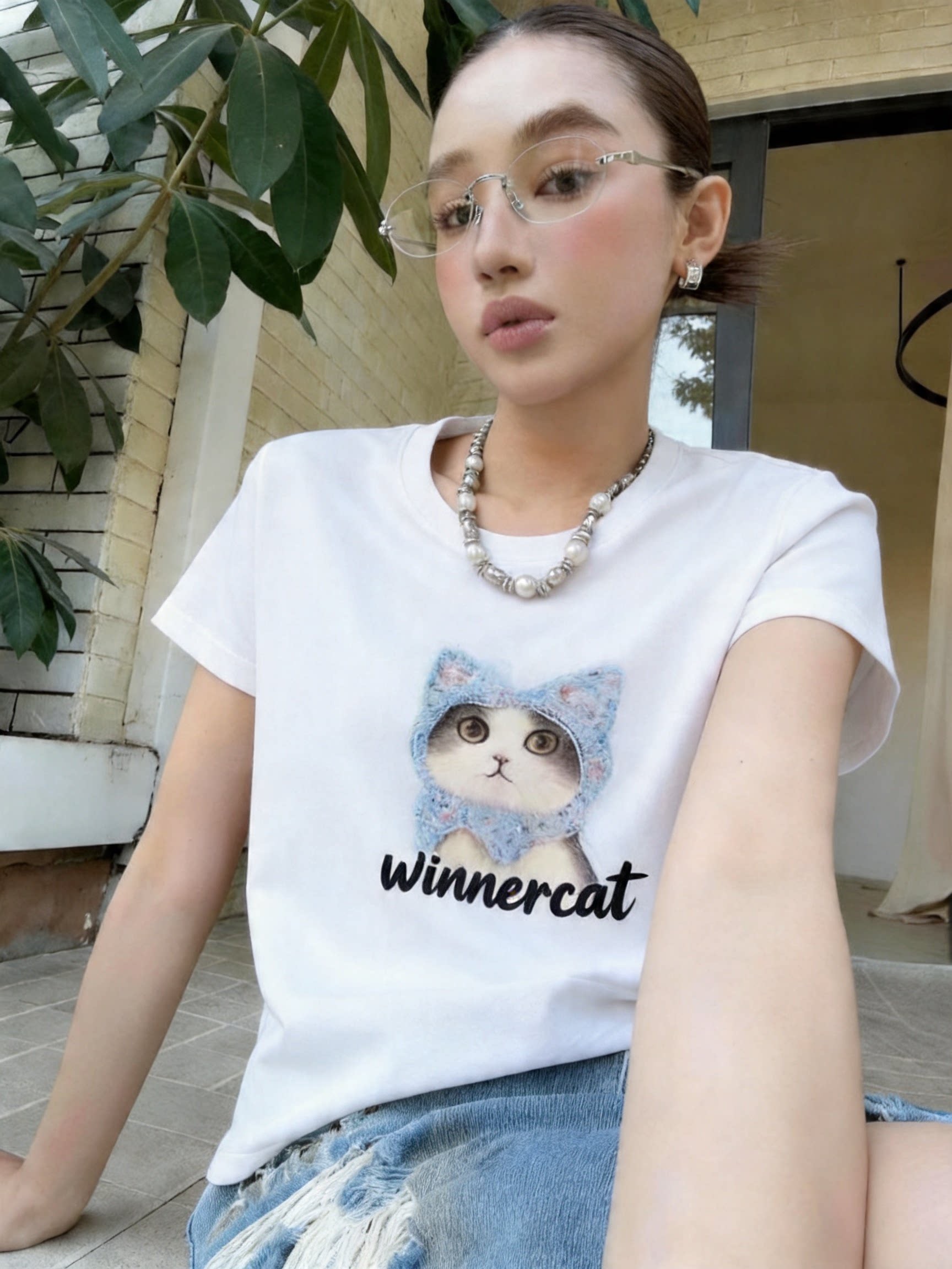 있음 선적 한 부서 귀여운 고양이 프린트 반팔 티셔츠 여성 새로운 여름 한국 스타일 캐주얼 슬림해 보이는 맨위