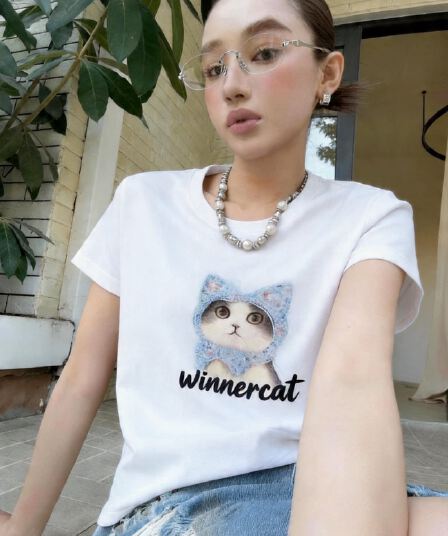 있음 선적 한 부서 귀여운 고양이 프린트 반팔 티셔츠 여성 새로운 여름 한국 스타일 캐주얼 슬림해 보이는 맨위