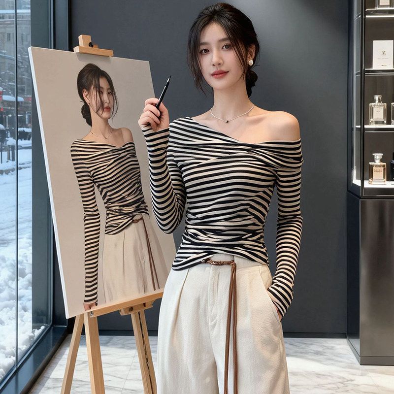 오프숄더 비스듬한 칼라 비대칭 외국 가스 기본 셔츠 맨위