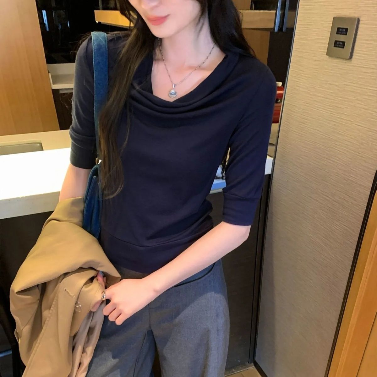 5 점 소매 맨위 회색 흔들다 칼라 기본 셔츠 티셔츠 여성