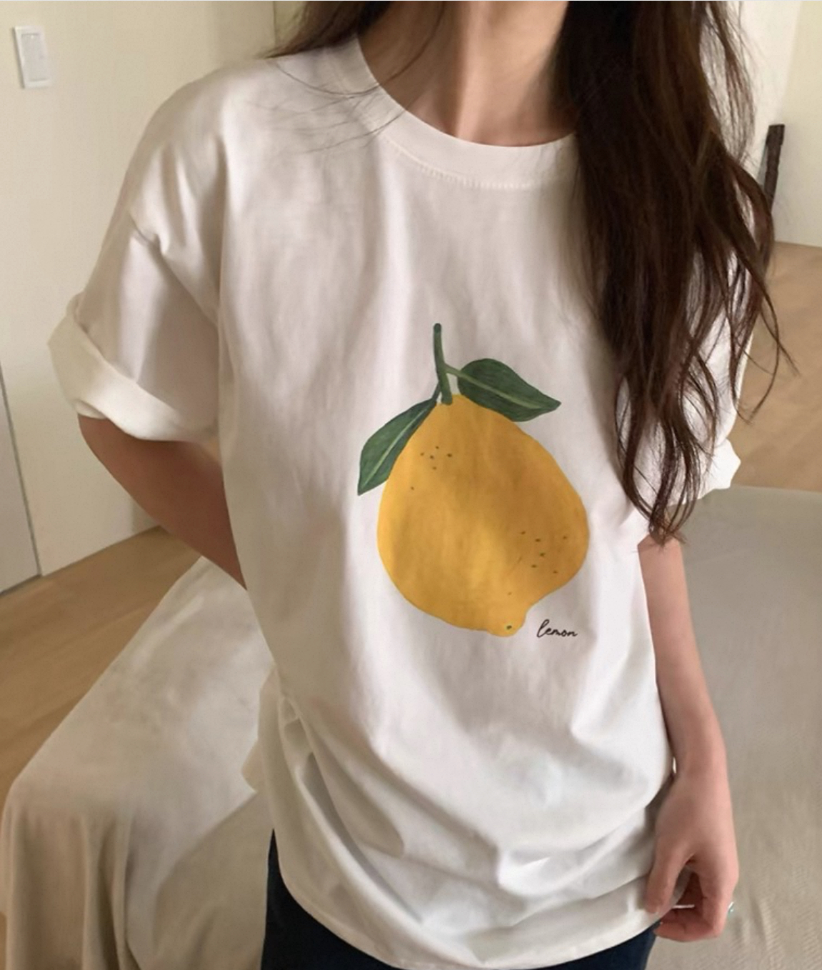 있음 선적 한국 동대문 미니멀리즘 캐주얼 루즈핏 다용도 신선함 레몬 프린트 순면 라운드 넥 반팔 티셔츠