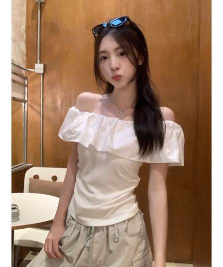 원본 40 순면 달콤한 스타일 화이트 오프숄더 프릴 티셔츠 여성 레저 아름다운 맨위 여름