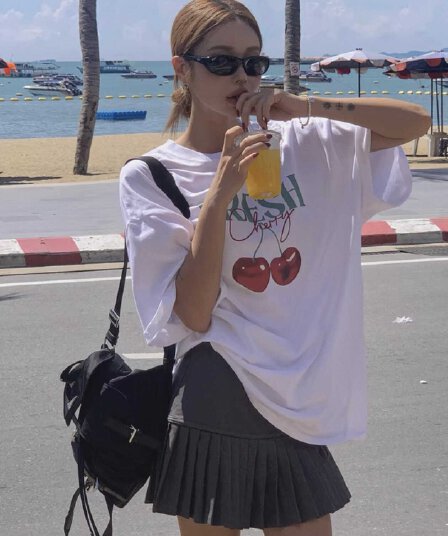 있음 선적 한국 스타일 루즈핏 슬림해 보이는 다용도 캐주얼 과일 프린트 순면 라운드 넥 반팔 티셔츠