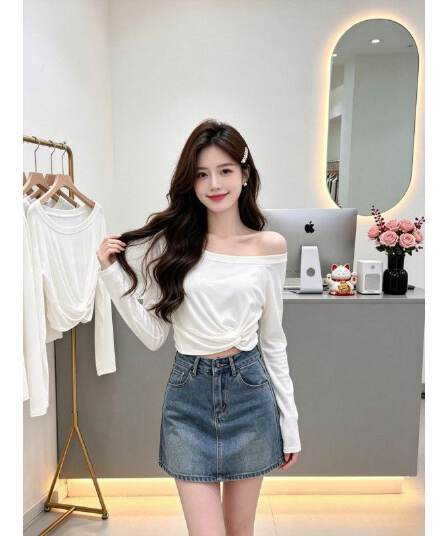 디자인 센스 디스플레이 몸매 가꾸기 작은 대중 오프숄더 긴팔 티셔츠 여성