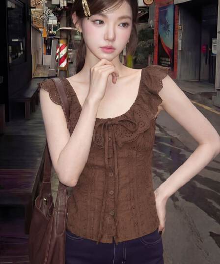 경관 그림 아메리칸 프릴 레이스업 민소매 티셔츠 여름 홀로우 아웃 레이스 몸매 가꾸기 허리 수축 품격 맨위