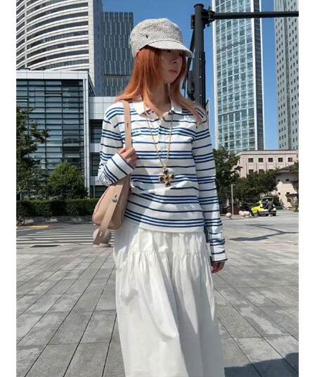 원본 품질 한 부서 chic 블루 화이트 스트라이프 POLO 칼라 긴팔 티셔츠 여성 가을 디자인 센스 맨위