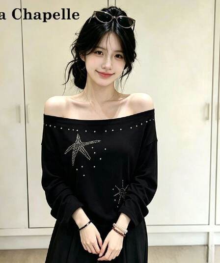경관 그림 한국 스타일 디자인 센스 패션 핫픽스 오각형 별 비스듬한 어깨 긴팔 티셔츠 블랙 자외선 차단 블라우스 맨위