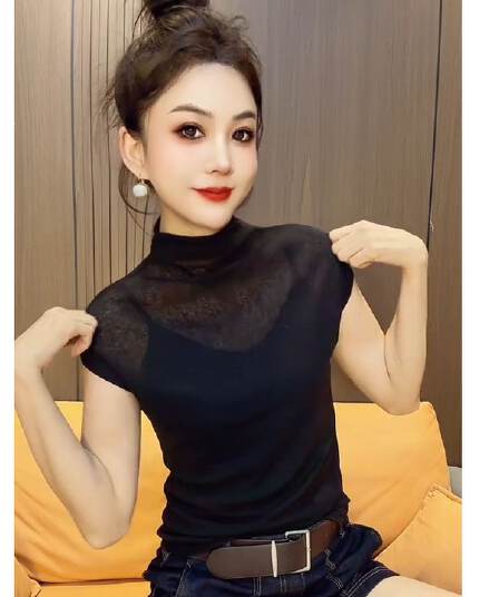 경관 그림 한국 스타일 검정색 스탠드 칼라 시스루 반팔 티셔츠 여성 2026 새로운 몸매 가꾸기 슬림해 보이는 다용도 맨위