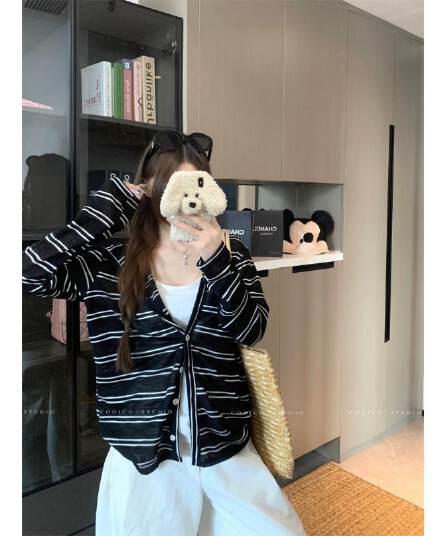 눈꽃 면 느긋한 바람 스트라이프 후드 긴팔 여성 코트 이른 가을 작은 대중 캐주얼 루즈핏 지퍼 맨위