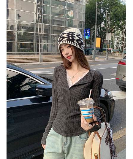 사람들 면 구덩이 기사 연삭 털 레이스 조각 폴로 칼라 긴팔 맨위 오픈 가디건 여성 가을 겨울 몸매 가꾸기 슬림해 보이는 맨위