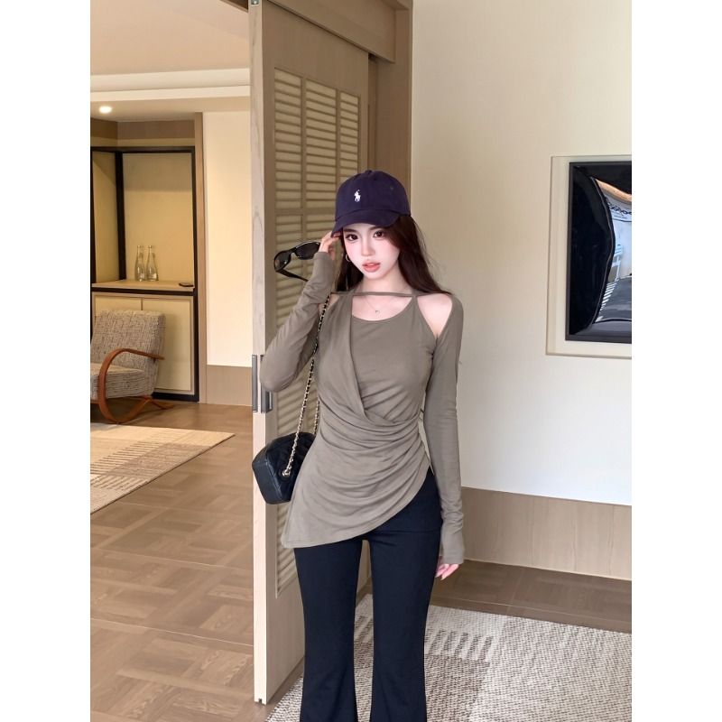 BY32152# 随心裁不规则镂空修身长袖T恤女秋季辣妹辣妹风灰色褶皱长袖 服裝批發女裝批發服飾貨源