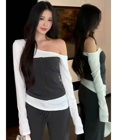 와 사고 방식 한 스타일 비스듬한 어깨 페이크 레이어드 배색 긴팔 티셔츠 여성 여름 몸매 가꾸기 슬림해 보이는 기본 셔츠 맨위