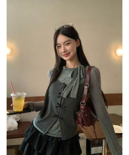 원본 레이스 사람들 면 긴팔 기본 셔츠 여성 가을 회색 티셔츠 몸매 가꾸기 그레이트 봐. 의류 투피스 세트