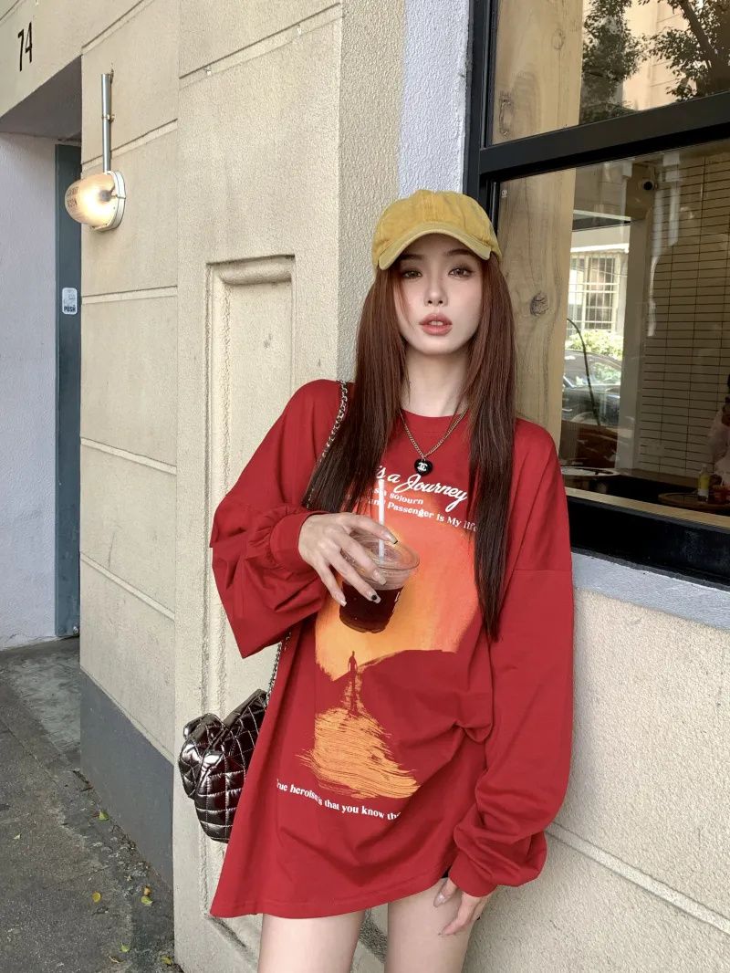 纯棉日落印花长袖t恤女春秋季新款
