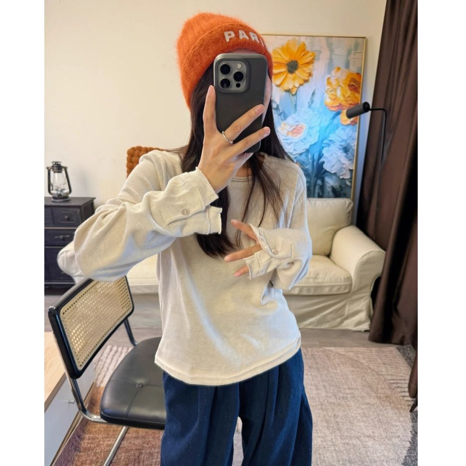 松弛感卷边宽松圆领长袖t恤女早秋薄款内搭打底上衣