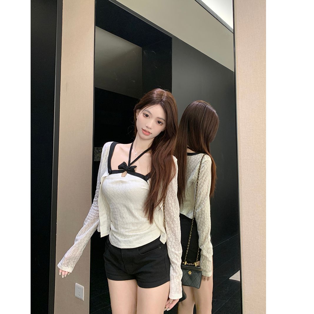 BY33853# 原版蕾丝小菊花提花开衫长袖外套女装秋季挂脖吊带背心两件套